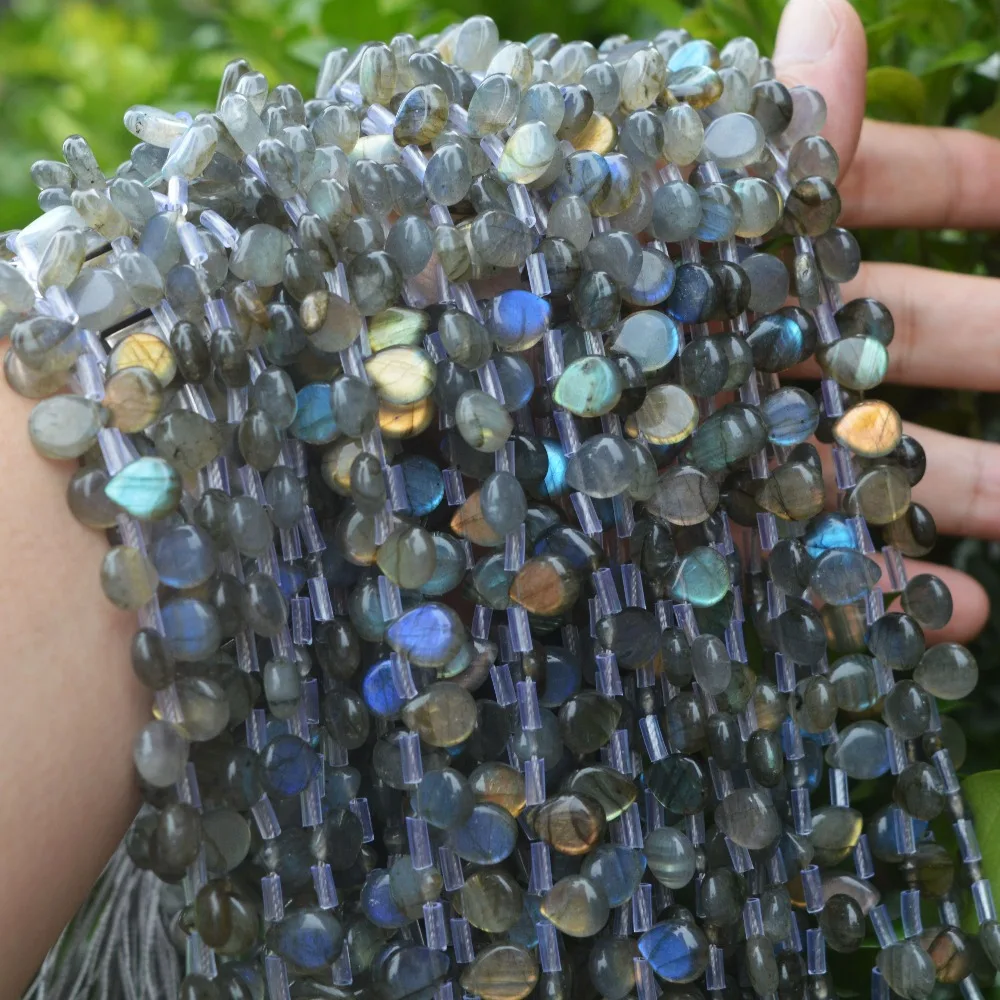 Natural Bright Labradorite Flat Water Drop Beads with Horizontal Hole