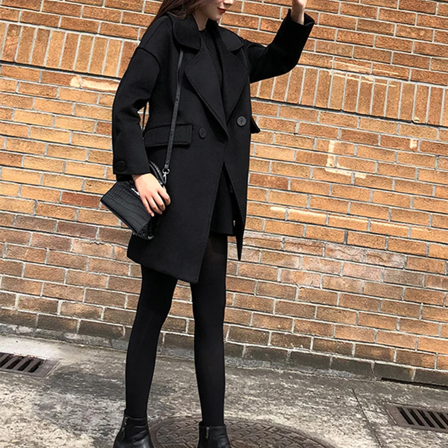 Mulena Loose Thick Black Long Wool Blends Coats Women Solid Double Breasted Pockets Office Work Ladies Winter Hardy Warm Coats