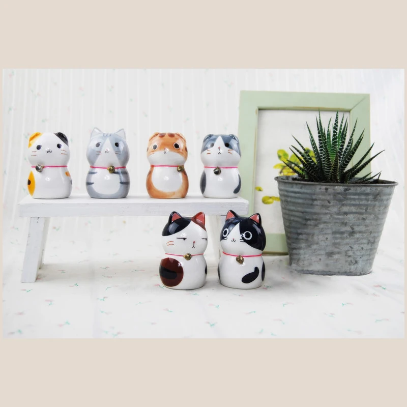 Набор из 6 керамических фигурки котят с колокольчиком фарфоровые ручной работы