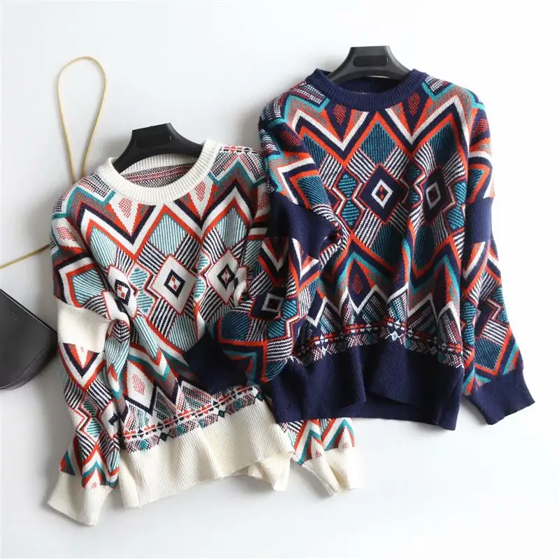 

Ethnic Contrast color Geometric knitted Sweater Vintage 2018 Autumn Women O neck Short Pullover Knitwear Jumper Tops