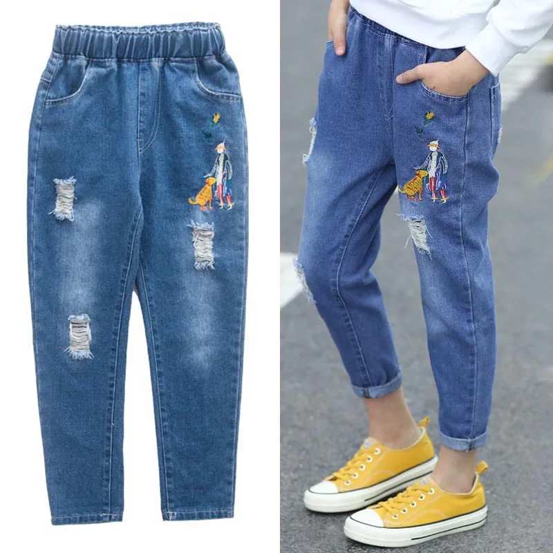 

Spring Autumn New Hole Jeans Girl Children Baby Old Pants Denim Pants Tide 4-12 Ages Jeans Girls Ripped Jeans