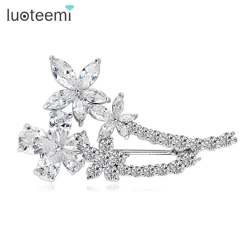 

LUOTEEMI New Design Fashion White-Color Luxury CZ Flower Shape Bridal Wedding Brooches Brooch Bouquet Trendy Accessories