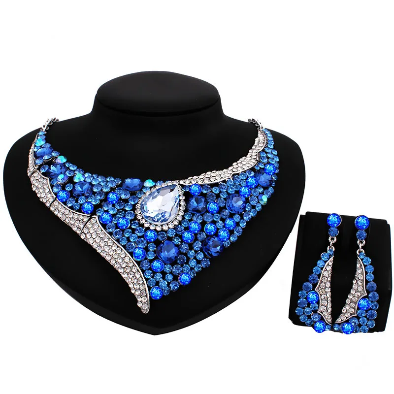 Fashion Sapphire Rhinestone Bridal Jewelry Set Wedding Prom Party Accessories silver Plated Necklace Earring Set For