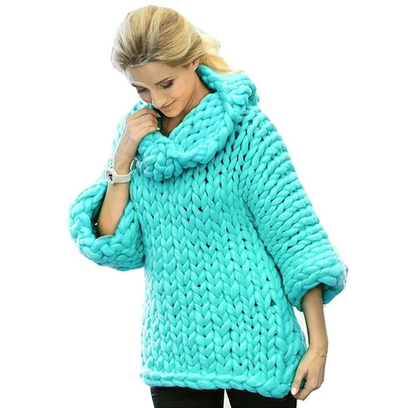 Dámské zimní tlusté hrubé linie Silný a teplý svetr s vysokým hrdlem ženská zimní móda Ruční háčkovaný svetr