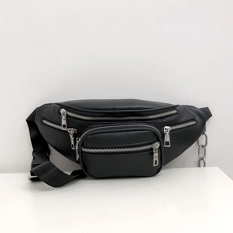 

New waist bag stylish leather chain diagonal retro woman man student pockets chest bag
