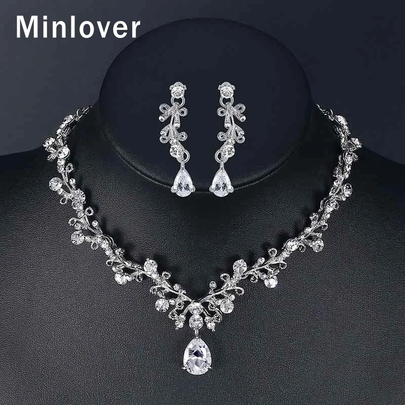 Minlover Роскошные CZ свадебные ювелирные наборы в форме листа Кристалл Свадебное