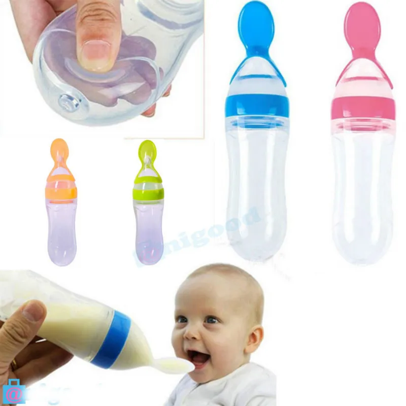 Baby Silicone Squeeze Feeding Bottle With Spoon Food Rice Cereal Feeder