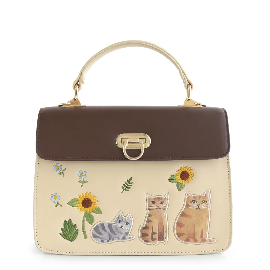 

Fashion Women's PU Leather Handbags Ladies Vintage Cartoon Cat Embroidery Flap Tote Bags Female Flower Crossbody Bags