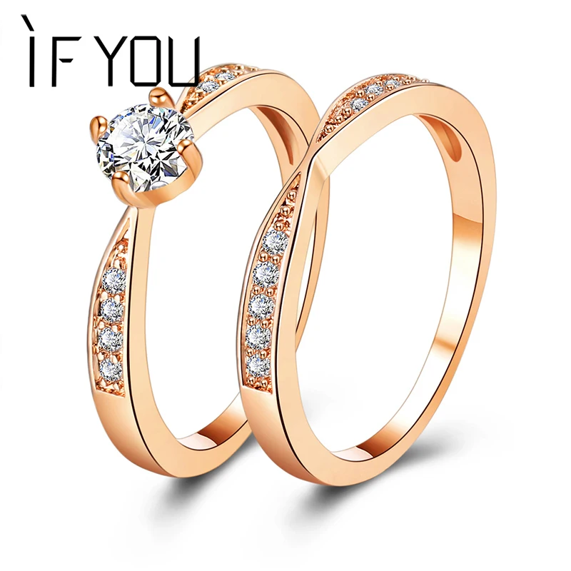 

IF YOU 2pcs Fashion Rose Gold Wedding Rings Jewelry Cubic Zirconia Ring For Women Rings Set Engagement Party Statement Jewelry