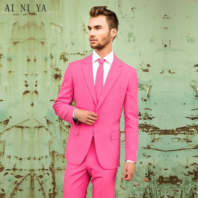 2017 Hot Pink Mens Suits Groomsmen Slim Fit Groom Tuxedos Formal Prom Wedding Best Man Suit