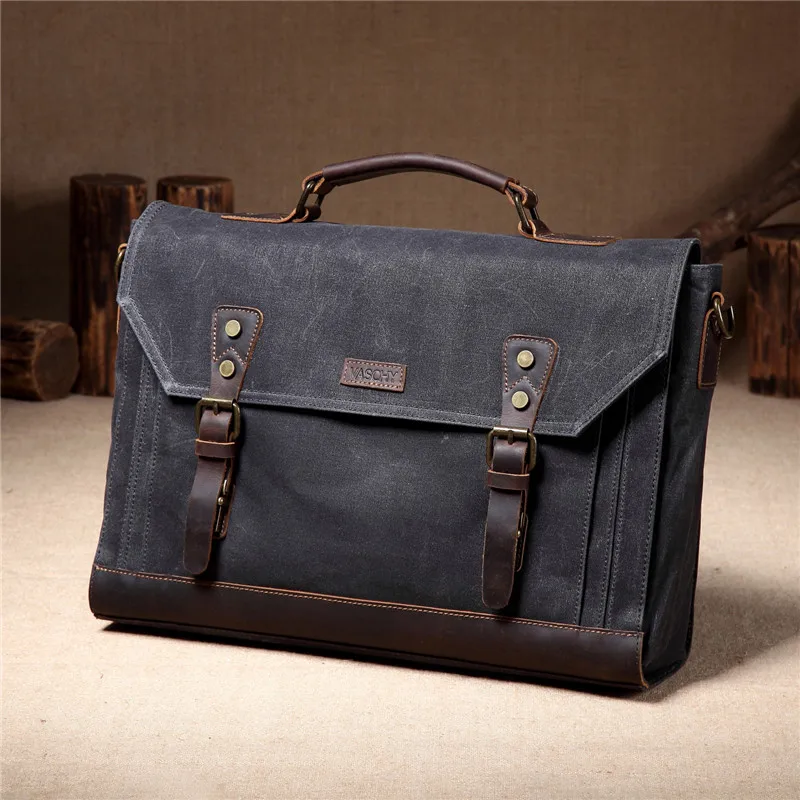  VASCHY Briefcase for Men Vintage Canvas Messenger Bag Laptop Satchel Shoulder Bag Bookbag with Deta