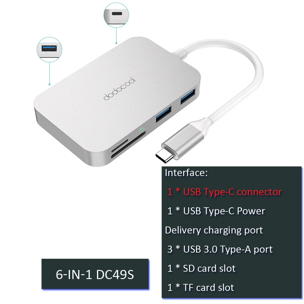 Dodocool usb концентратор usb 3,0 концентратор type c usb c концентратор с HDMI адаптер док-станция для macbook pro Аксессуары USB-C 3,1 сплиттер - Цвет: 6 in 1 DC49S