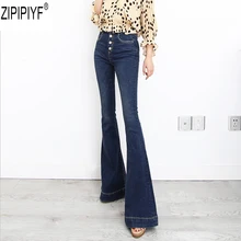 Новые модные Весна и осень большой расклешенные Штаны стрейч большие размеры S-6XL Высокая талия кнопки звонка женские джинсы C2019