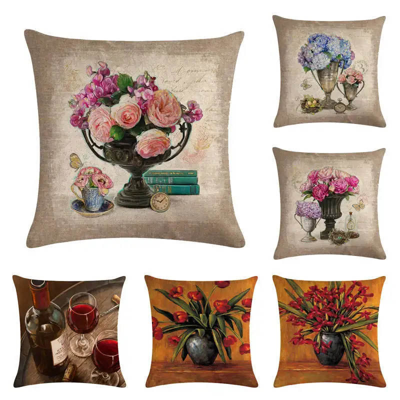 Vintage Flower Cushion Covers Cotton Linen Throw Pillow Cover Beer For Sofa 45x45cm Home Decor Pillowcase | Дом и сад