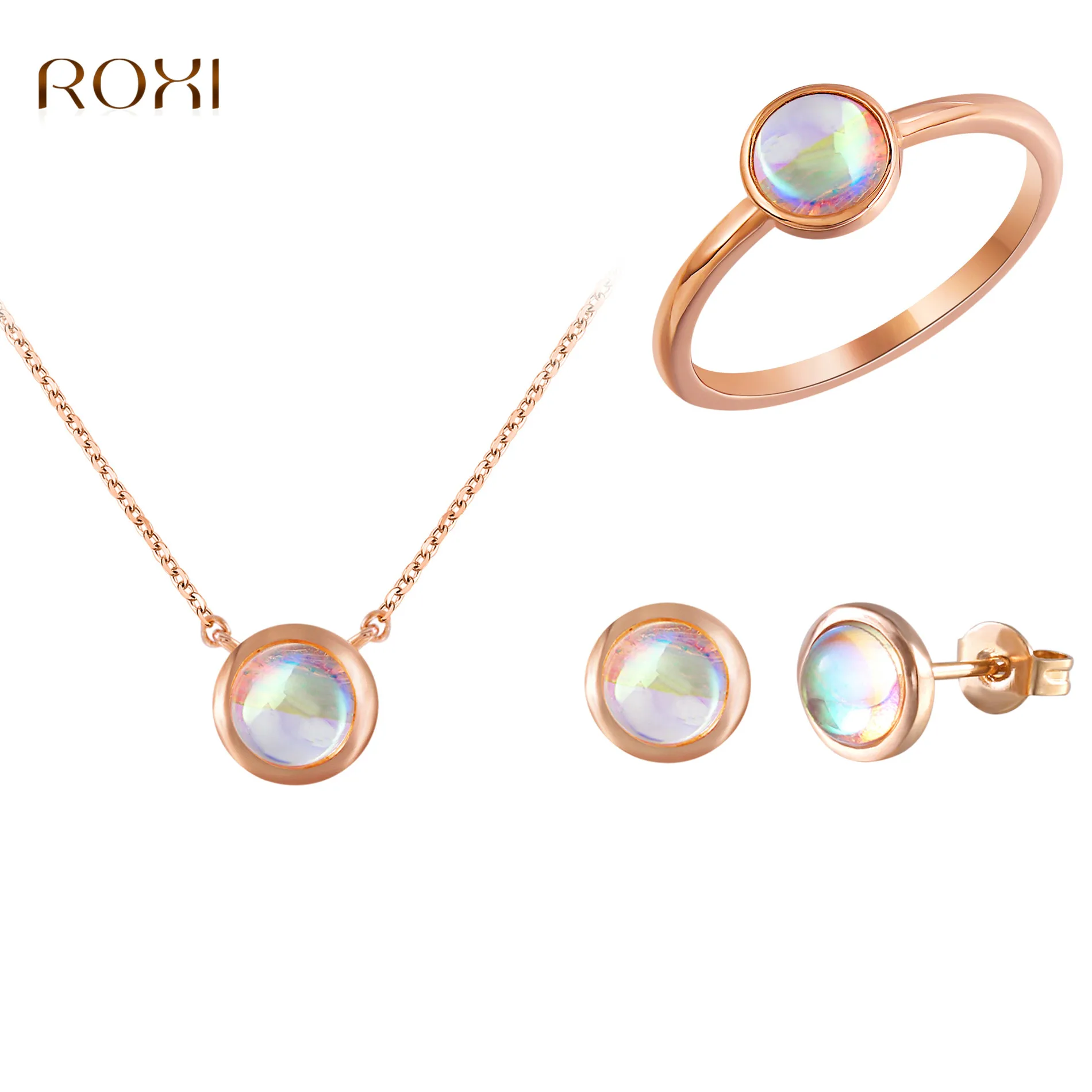 

ROXI Wedding Jewelry Sets Luxury Moonstone Necklace Stud Earrings Ring Rose Gold Color Jewelry For Women parure bijoux femme