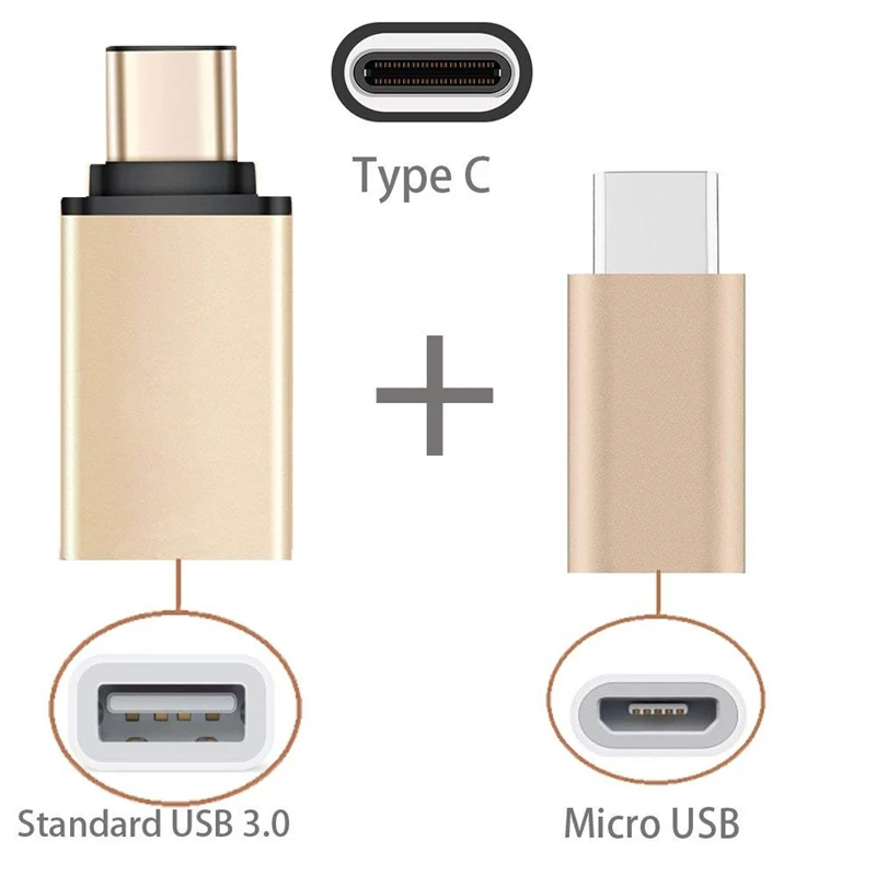 2 в 1 Otg type-c к Micro Usb к Usb C адаптер для huawei P20 Pro Lite samsung Galaxy S8 S9 Plus Xiaomi Mi8 type C разъемы - Цвет: Золотой