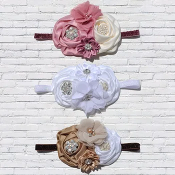 

2pcs/pack Satin Flower Headband Matching Sparking Rhinestones Chiffon Flower Headband Baby Hair Accessory Kidocheese