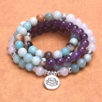 

Mixed 8MM Natural Stone crystal with Lotus OM Buddha Charm Bracelet 108mala yoga bracelet for women gift