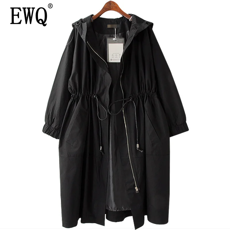

Casual Windbreaker Women [EWQ] 2019 Fashion Spring Autumn Long Sleeve Hooded Collar Adjustable Waist Patchwork Pockets AC641