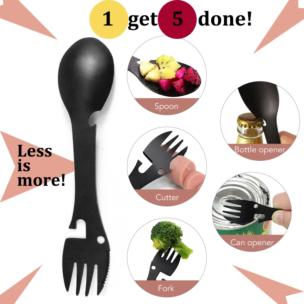 

5-IN-1 Camping Tableware Outdoor Multi-Tool Outdoor Survival EDC Kit Portable Stainless Steel Spoon Fork Knife Can Opener