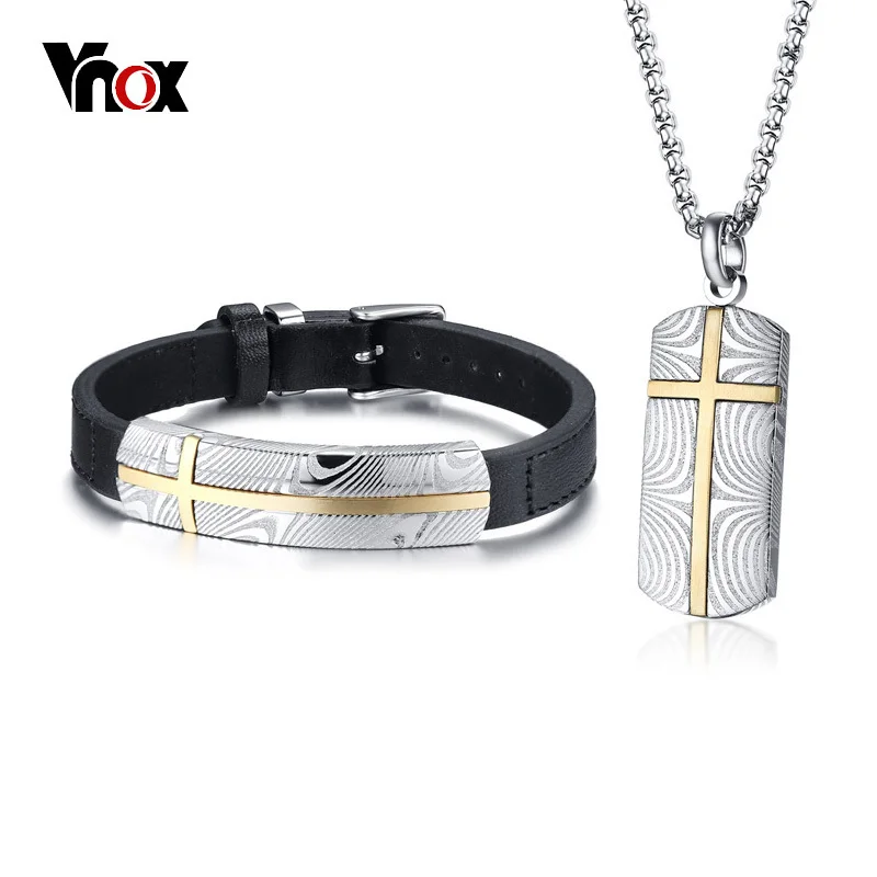 Vnox мужской браслет из дамасской стали с крестом из натуральной кожи и ожерелье Ювелирные наборы Бренд Высокое качество