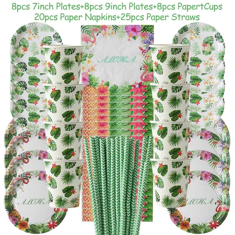 44/69pcs Summer Tropical Party Aloha Theme Decoration Green Palm Flamingo Disposable Tableware Wedding Birthday Party Supplies - Цвет: 69pcs