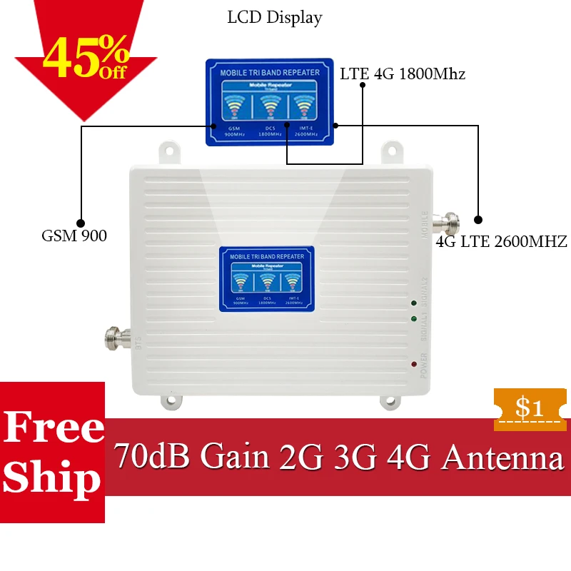 Мобильный GSM усилитель сотовой связи 900 LTE 1800 FDD 2600 трехдиапазонный повторитель