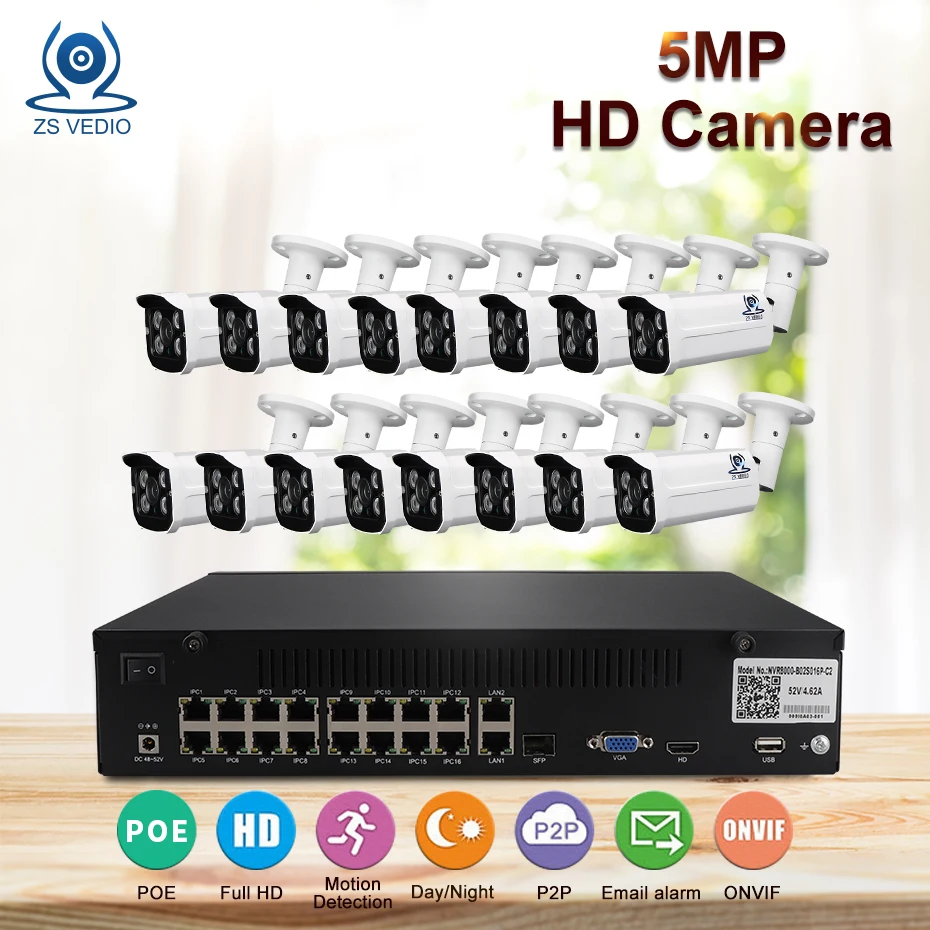 

ZSVEDIO H.265 5.0MP IP Camera Kit Metal Outdoor 16ch NVR Onvif Private Protocol CCTV System Network P2P Monitoring Remote View