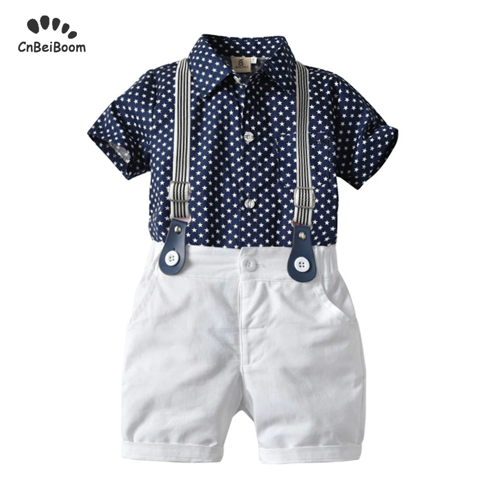 

Summer boys shirt sets Toddler kids Clothes Set Black white Stars Shirt Tops + Straps Shorts gentleman suits Clothing Set 2-5 Y