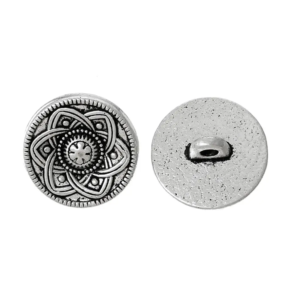 

DoreenBeads Zinc metal alloy Shank Button Metal Buttons Round Antique Silver Single Hole Flower 15.0mm( 5/8")Dia,5 PCs