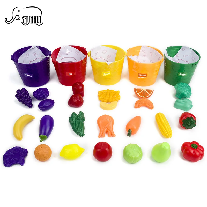 

Miniature Simulation fruit Kitchen Set Toy Color Recognition Five Sorting Buckets Kids Cosplay Learning Toys for Children 30Pcs