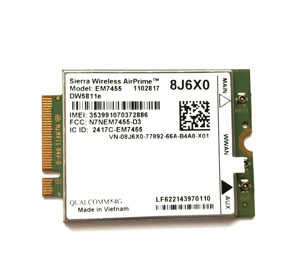 Módulo 4G Cartão 4G, EM7455, DW5811E, PN 8J6X0, FDD, TDD, LTE CAT6, E7270, E7470, E7370, E5570, E5470, Precisão 7720, 7520, 3520, 7510