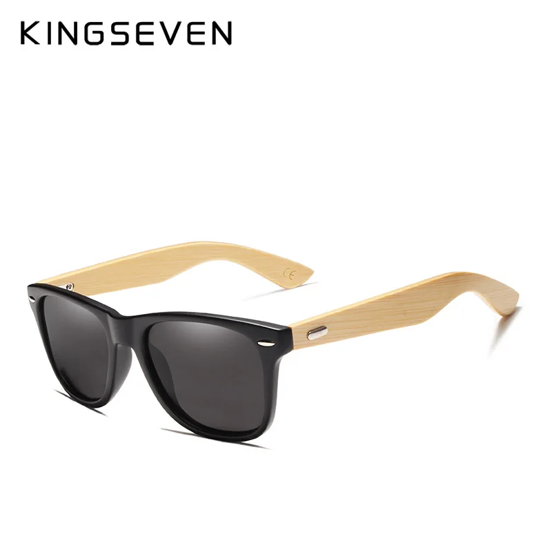 KINGSEVEN Бамбуковые мужские и женские солнцезащитные очки, солнцезащитные очки, поляризационные Ретро Винтажные деревянные линзы, деревянная оправа ручной работы - Цвет линз: Matte black