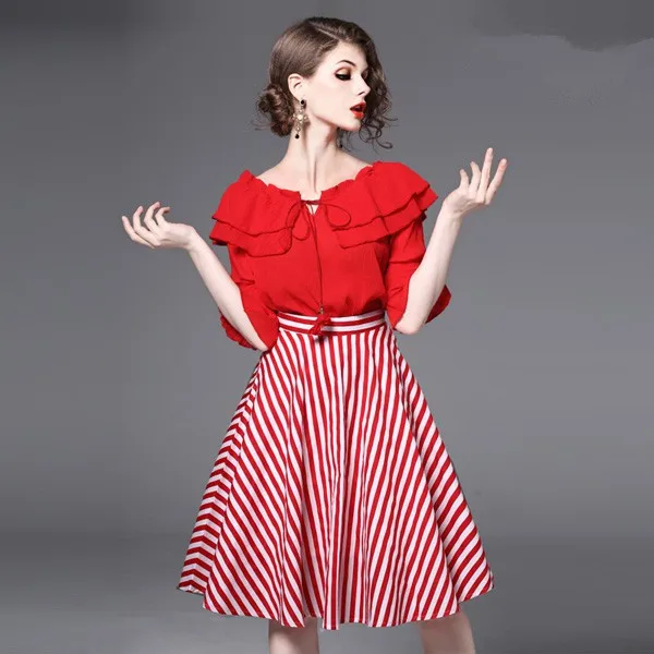 Summer Spring Women Red Ruffles Lantern Sleeve Loose Tops Slash Neck Blouse And Stripped Print Pleated Skirt Suits Set NS292