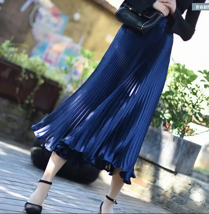 skirts Women Girls Satin accordion pleated skirt new metal pleated skirt wild color high waist big swing 