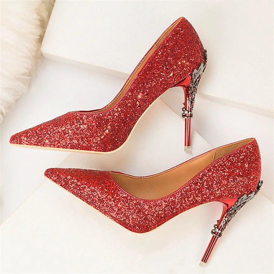 

2019 New Elegant Metal Carved Heel Shallow Women Pumps Sequined Cloth Pointed Toe High Heels Shoes Fashion Women's Wedding Shoes