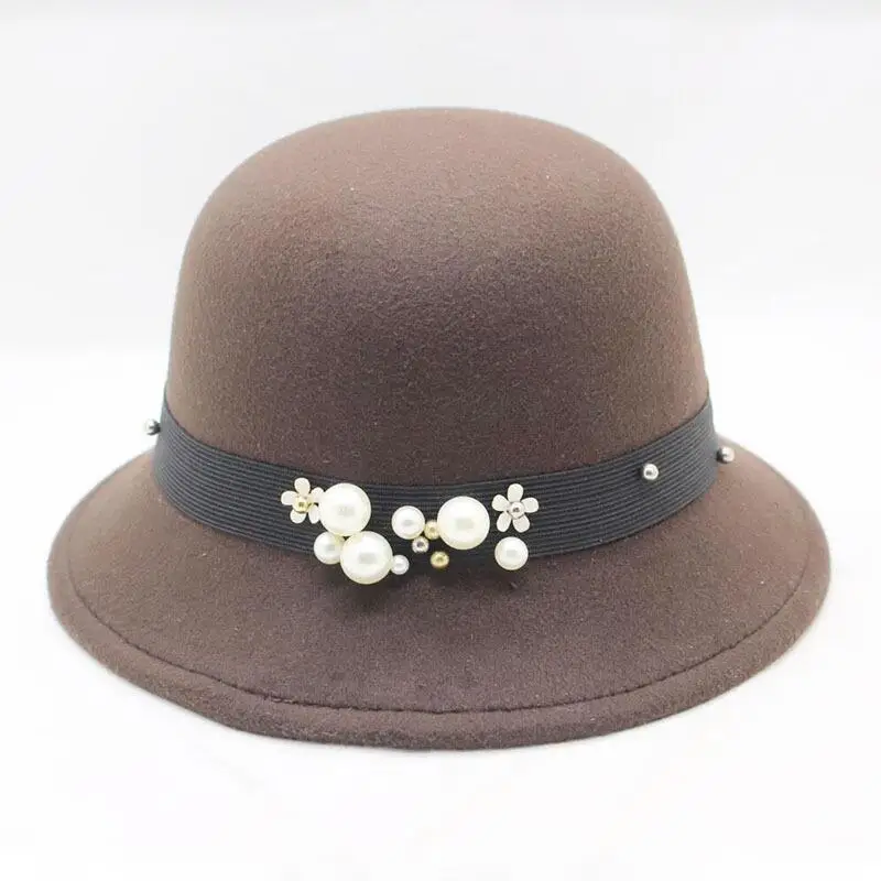 Новинка года; женские шляпы для мальчиков и девочек в стиле ретро с жемчугом; фетровая шляпа из полиэстера с широкими полями; пляжная кепка от солнца