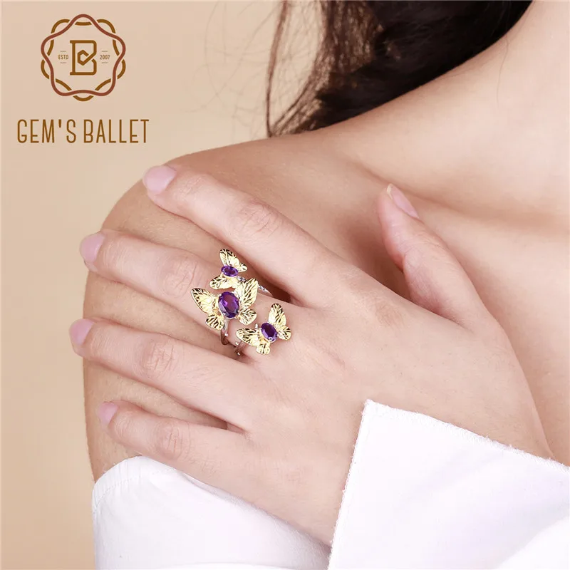 GEM'S BALLET 925 Sterling Silver Butterfly Gemstones Ring Fine Jewelry 2.04Ct Natural Amethyst Adjustable Open Rings for Women GEM'S BALLET 925 Sterling Silver Butterfly Gemstones Ring Fine Jewelry 2.04Ct Natural Amethyst Adjustable Open Rings for Women