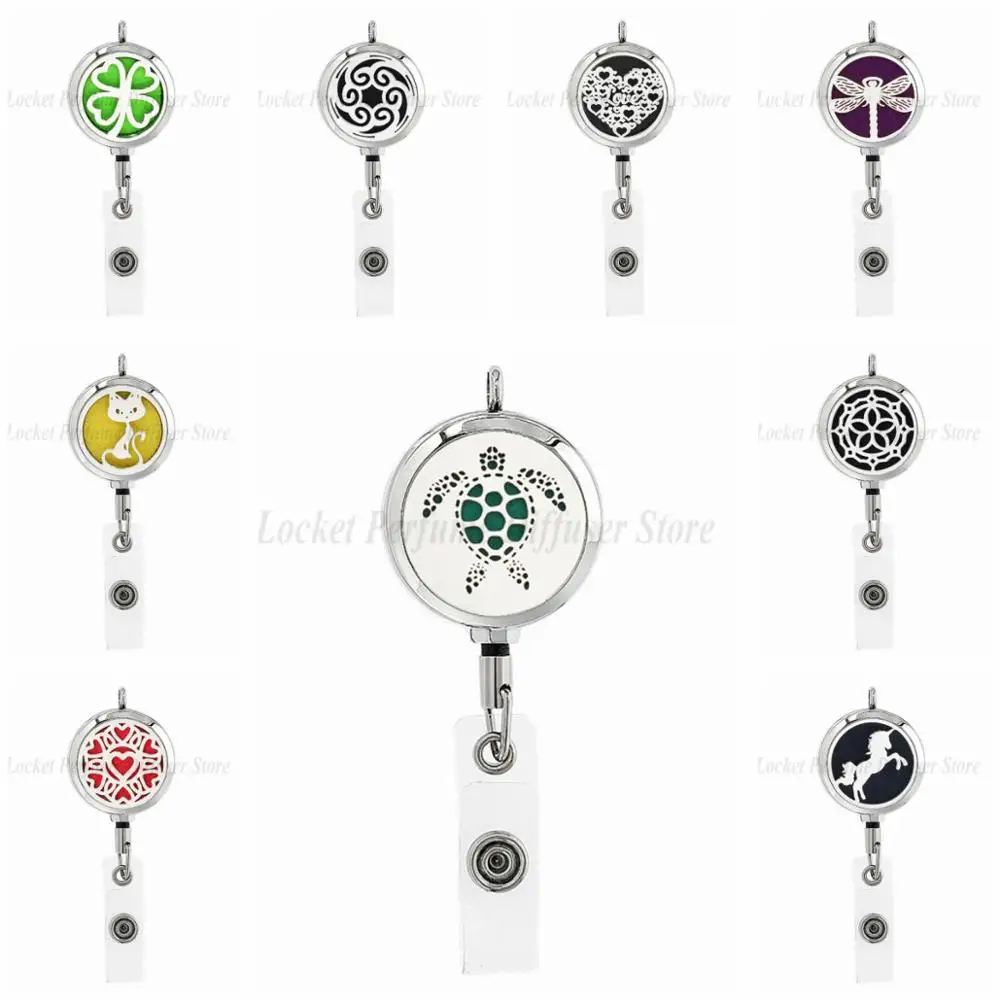 

tortoise cat 30mm Staiinless Steel ID Badge Holder Retractable Keychain Aromatherapy Essential Oil Diffuser Necklace 10pcs pads