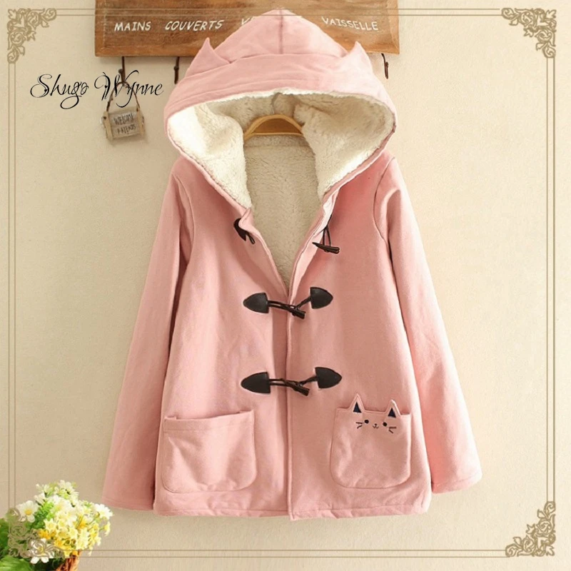 

Shugo Wynne Mori Girl Outwear Winter New Women Cute Embroidery Horn Button Coat Long Sleeve Hooded Plus Velvet Cotton Jacket