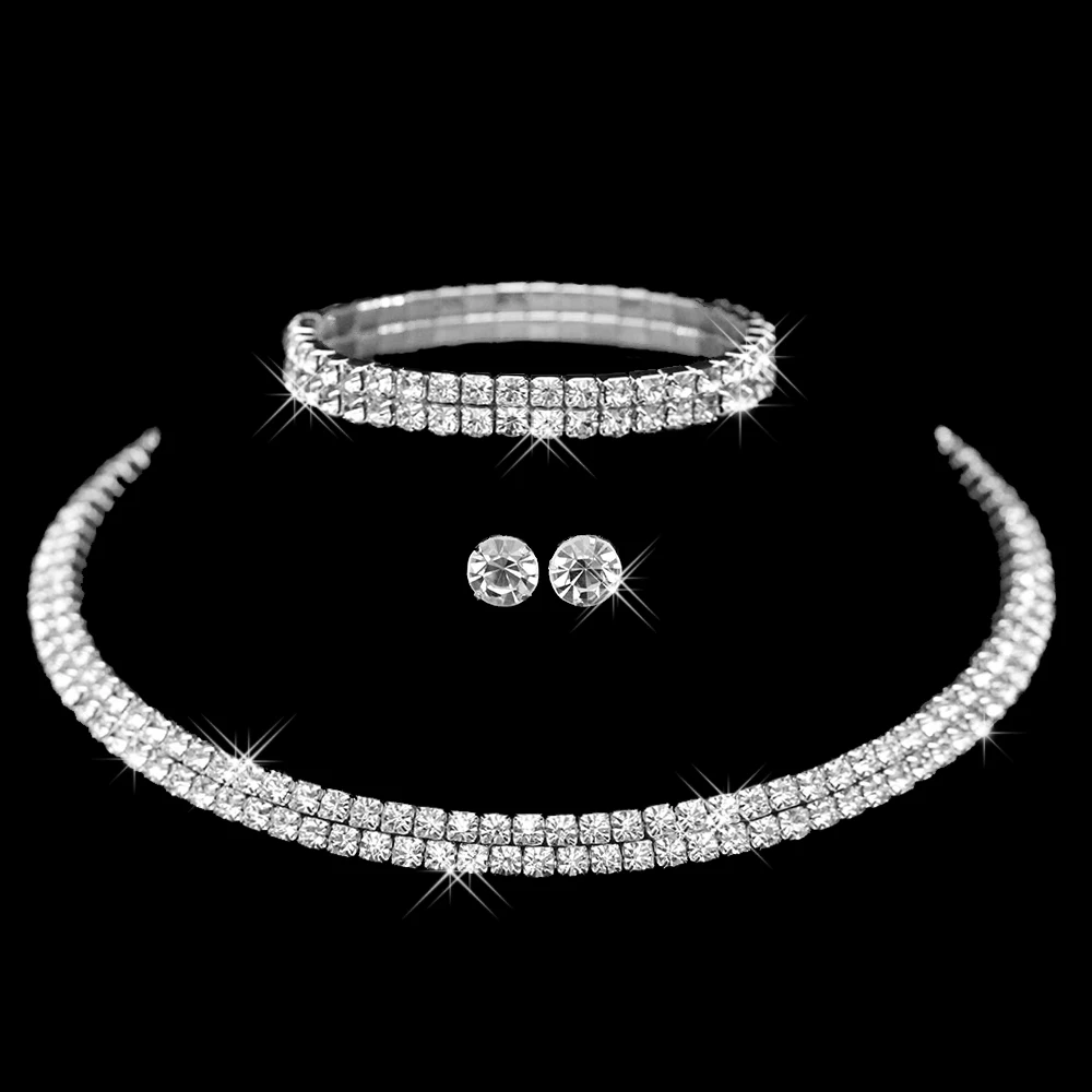 Hot Selling  Rhinestone Crystal Choker Necklace Earrings and Bracelet Wedding Jewelry Sets Wedding Accessories
