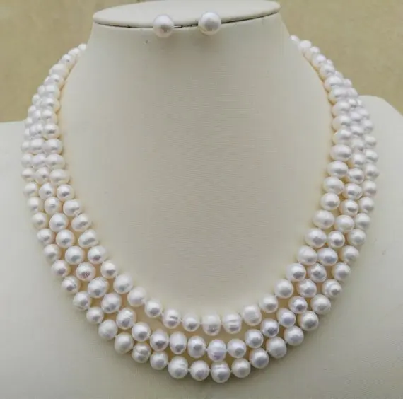 

Unique Pearls jewellery Store 7-8mm 3rows White Freshwater Pearl Necklace Earrings Jewellery Set Charming Women Party Gift