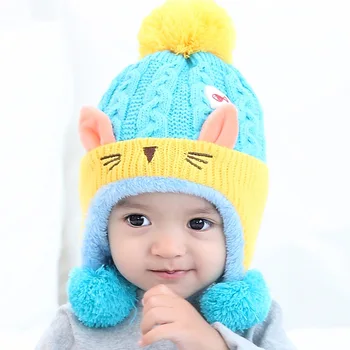 

ZMAFOX toddlers thermal beanie hat thicken lovely cat style baby boy girl hats pompom caps children handmade beanies ears warmer