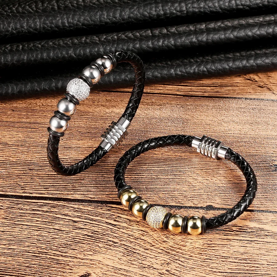 XQNI New Design Genuine Leather 4 Colors Ball Stainless Steel Inlaid Cubic Zircon Bracelet With Velvet Bag Gift Packing Jewelry