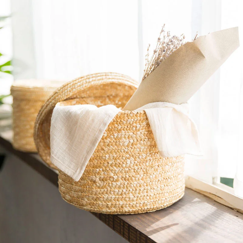 

Wheat Straw Storage Basket Desktop Debris Finishing Home Bathroom Clothing Toys Finishing Storage Basket With Lid