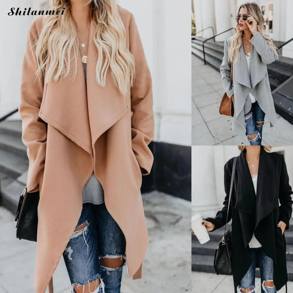 

Women Wool Long Coat Autumn Spring Wide Lapel Coats With Belt Fashion Outwear Elegant Ladies Solid Color Loose Overcoat Manteau