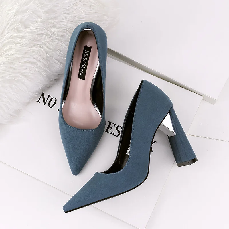Pumps Women Shoes Red Flock Slip-On Shallow Wedding Party Pointed Toe Square heel 10CM High Heels Pump Chaussures Femme