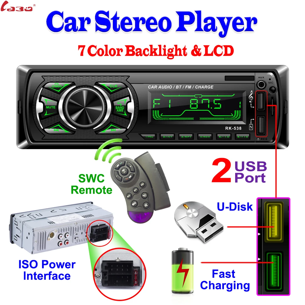 LaBo автомобильный радиоприемник стереоплеер Bluetooth телефон MP3 FM/USB/1 Din/SWC