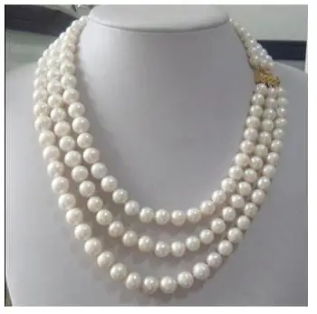 

3row chain winter female fashion triple strands Natural AAA 7-8mm Real Australian south sea white pearl necklace 17-19"14KGP