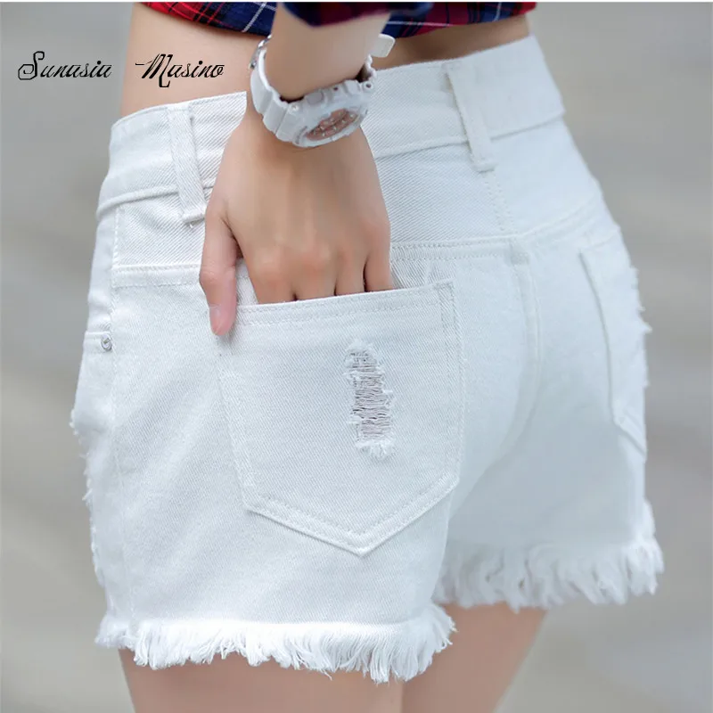 

2018 fashion Summer style Cotton denim lady shorts white hole mid women's denim shorts